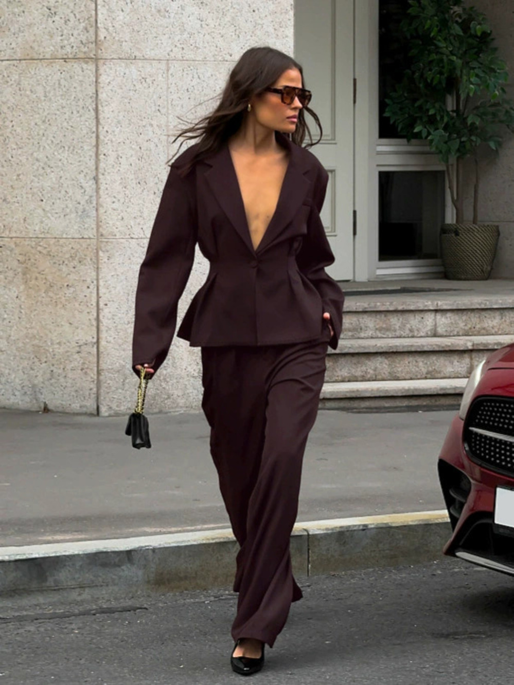 Zara Winter Retro Suit Brown Deep Collar Long Sleeve Fitted Jacket Pants 2-Piece - Picture 5 of 8